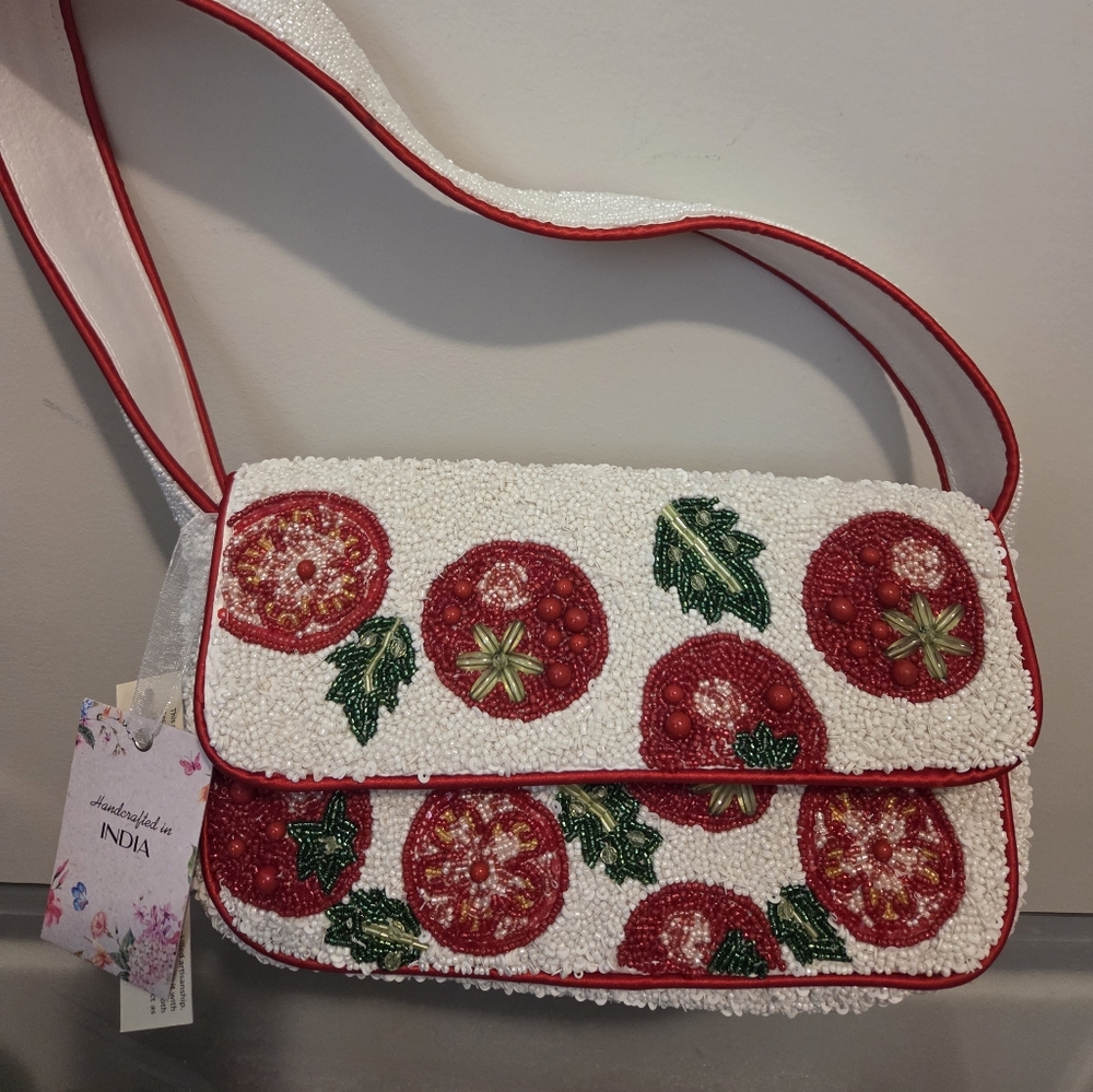 White and Red Beaded Crossbody Bag